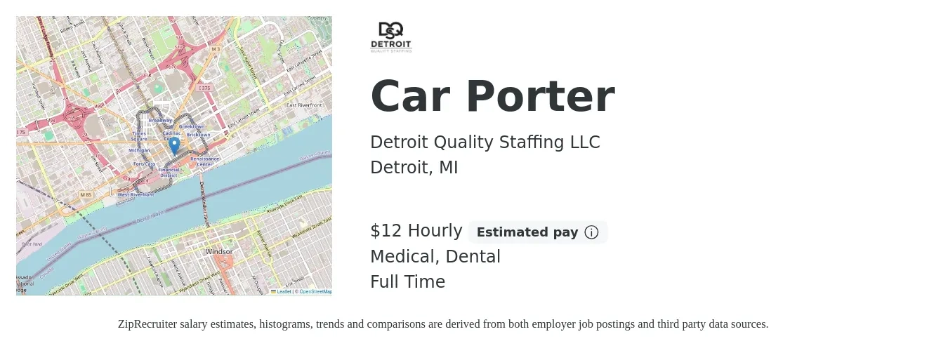 Detroit Quality Staffing LLC job posting for a Car Porter in Detroit, MI with a salary of $14 Hourly and benefits including dental, medical, and pto with a map of Detroit location.