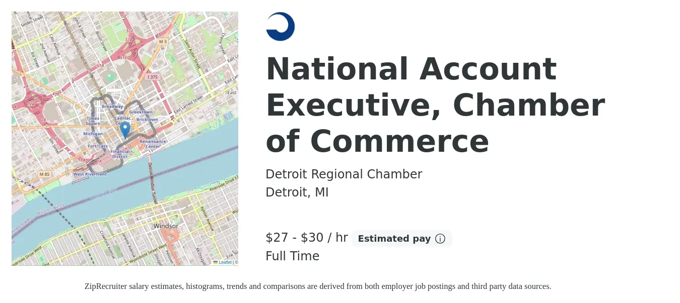 Detroit Regional Chamber job posting for a National Account Executive, Chamber of Commerce in Detroit, MI with a salary of $60,000 to $65,000 Yearly with a map of Detroit location.