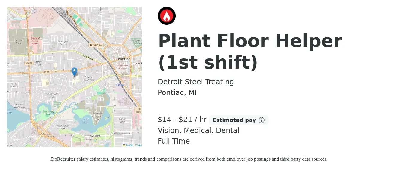 Detroit Steel Treating job posting for a Plant Floor Helper (1st shift) in Pontiac, MI with a salary of $15 to $22 Hourly and benefits including dental, medical, and vision with a map of Pontiac location.