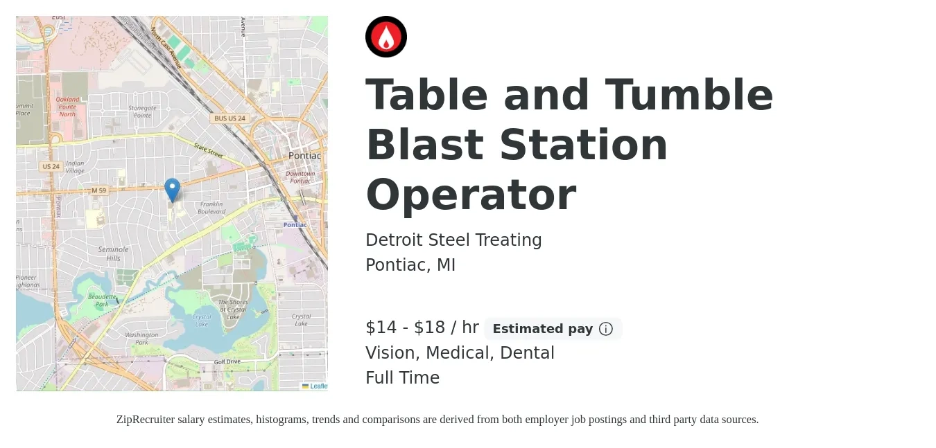 Detroit Steel Treating job posting for a Table and Tumble Blast Station Operator in Pontiac, MI with a salary of $15 to $19 Hourly and benefits including life_insurance, medical, retirement, vision, and dental with a map of Pontiac location.
