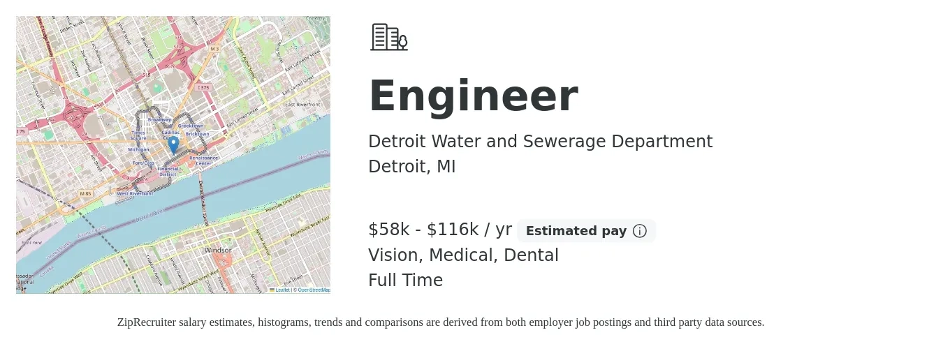 Detroit Water and Sewerage Department job posting for a Engineer in Detroit, MI with a salary of $58,141 to $116,592 Yearly and benefits including life_insurance, medical, pto, retirement, vision, and dental with a map of Detroit location.