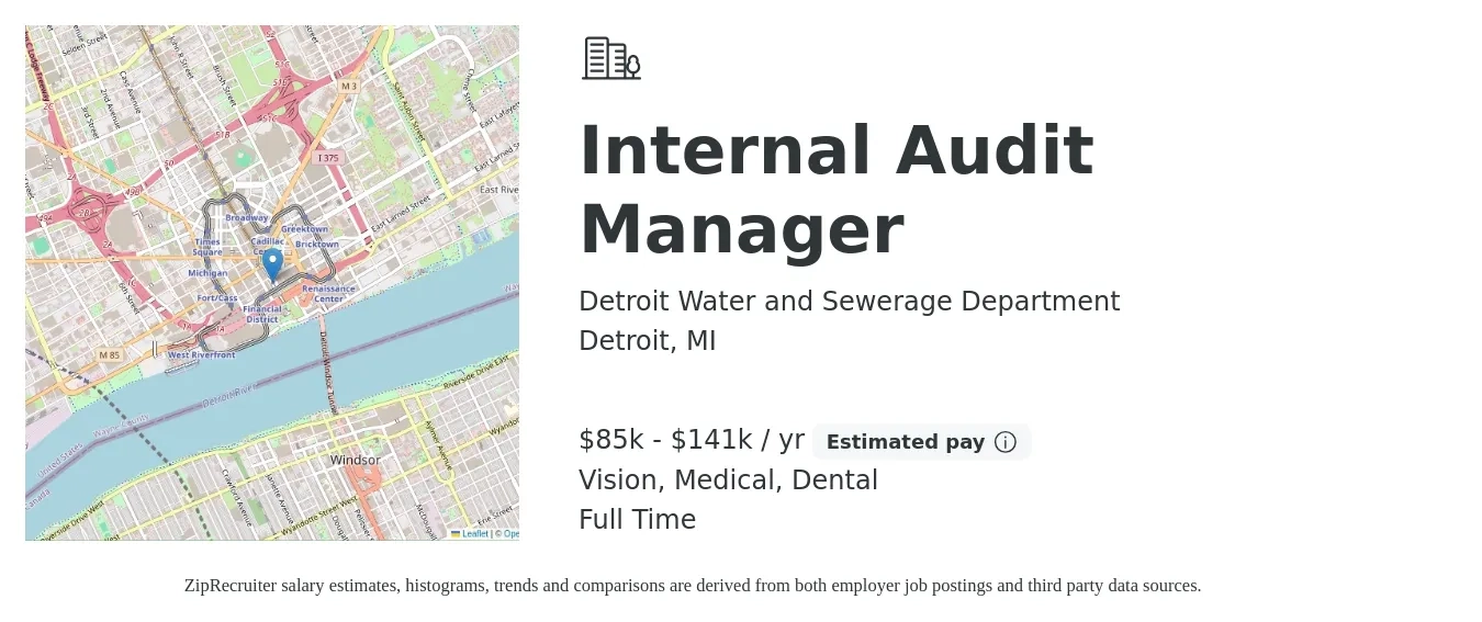 Detroit Water and Sewerage Department job posting for a Internal Audit Manager in Detroit, MI with a salary of $85,563 to $141,295 Yearly and benefits including retirement, vision, dental, life_insurance, medical, and pto with a map of Detroit location.