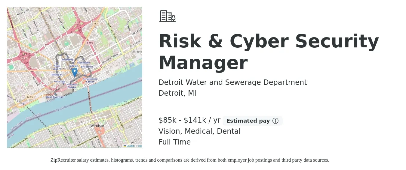 Detroit Water and Sewerage Department job posting for a Risk & Cyber Security Manager in Detroit, MI with a salary of $85,513 to $141,294 Yearly and benefits including dental, life_insurance, medical, pto, retirement, and vision with a map of Detroit location.