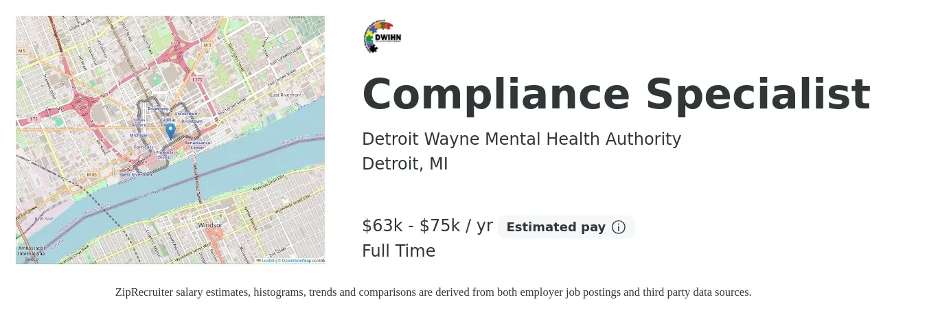 Detroit Wayne Mental Health Authority job posting for a Compliance Specialist in Detroit, MI with a salary of $63,136 to $75,000 Yearly with a map of Detroit location.