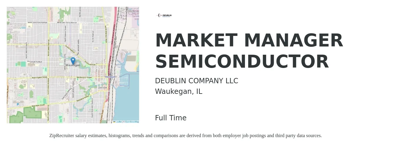 DEUBLIN COMPANY LLC job posting for a MARKET MANAGER SEMICONDUCTOR in Waukegan, IL with a salary of $40,900 to $104,500 Yearly with a map of Waukegan location.