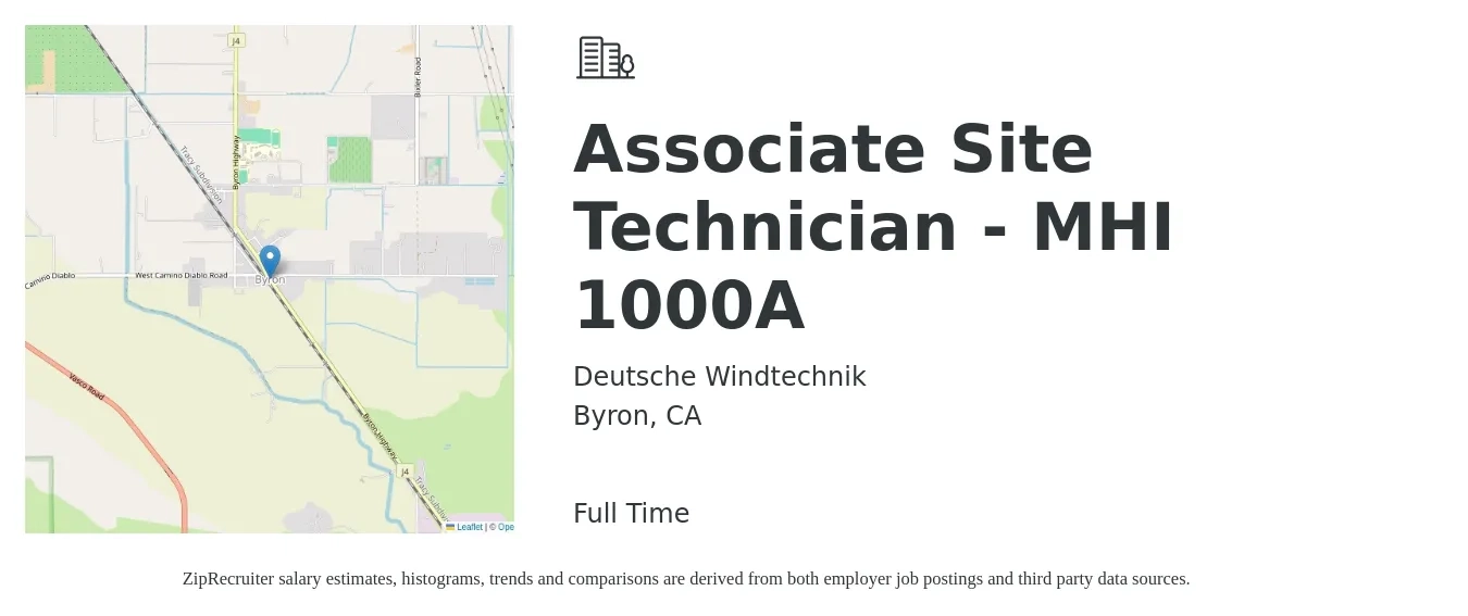 Deutsche Windtechnik job posting for a Associate Site Technician - MHI 1000A in Byron, CA with a salary of $20 to $28 Hourly with a map of Byron location.