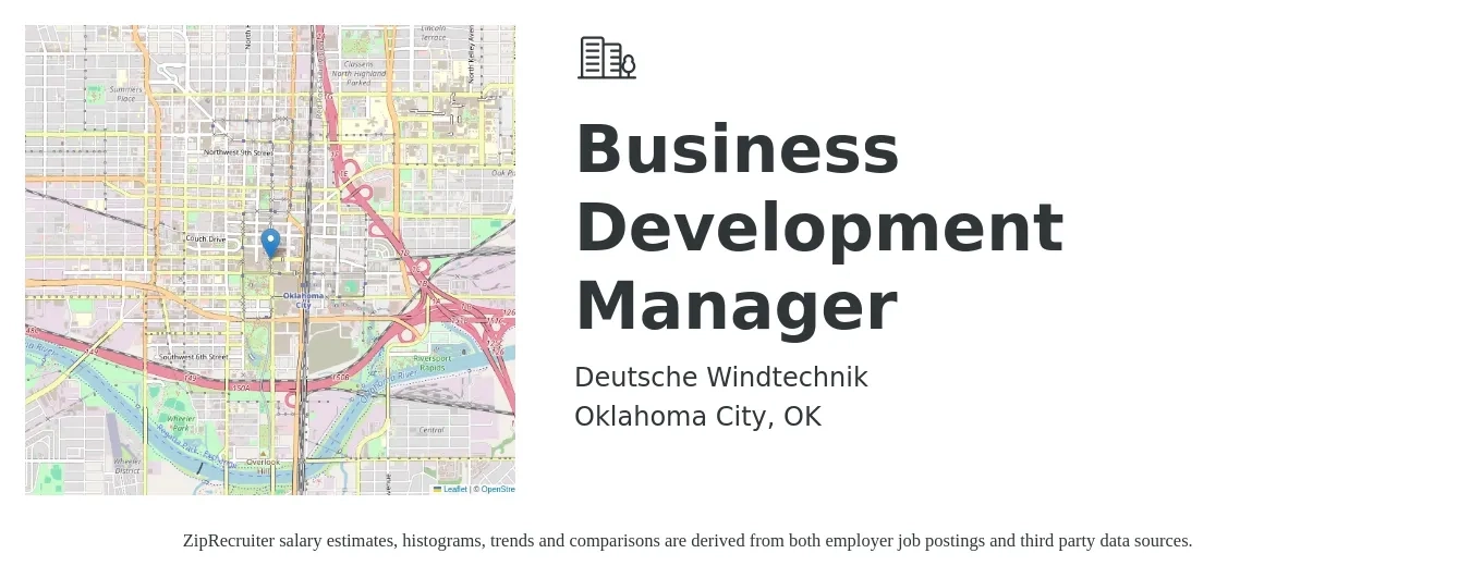 Deutsche Windtechnik job posting for a Business Development Manager in Oklahoma City, OK with a salary of $56,700 to $92,900 Yearly with a map of Oklahoma City location.