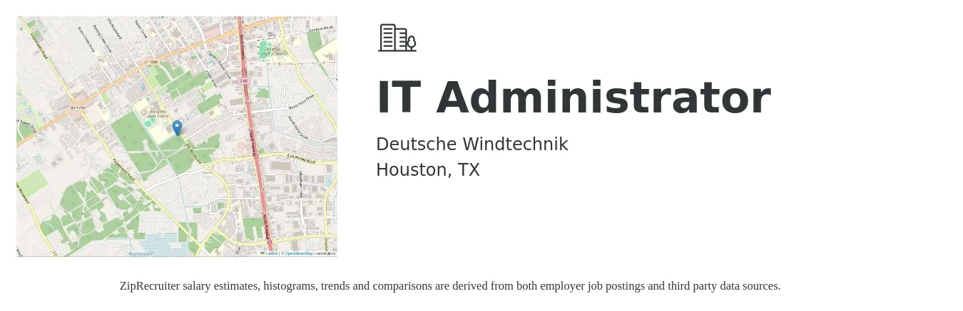 Deutsche Windtechnik job posting for a IT Administrator in Houston, TX with a salary of $57,300 to $84,000 Yearly with a map of Houston location.