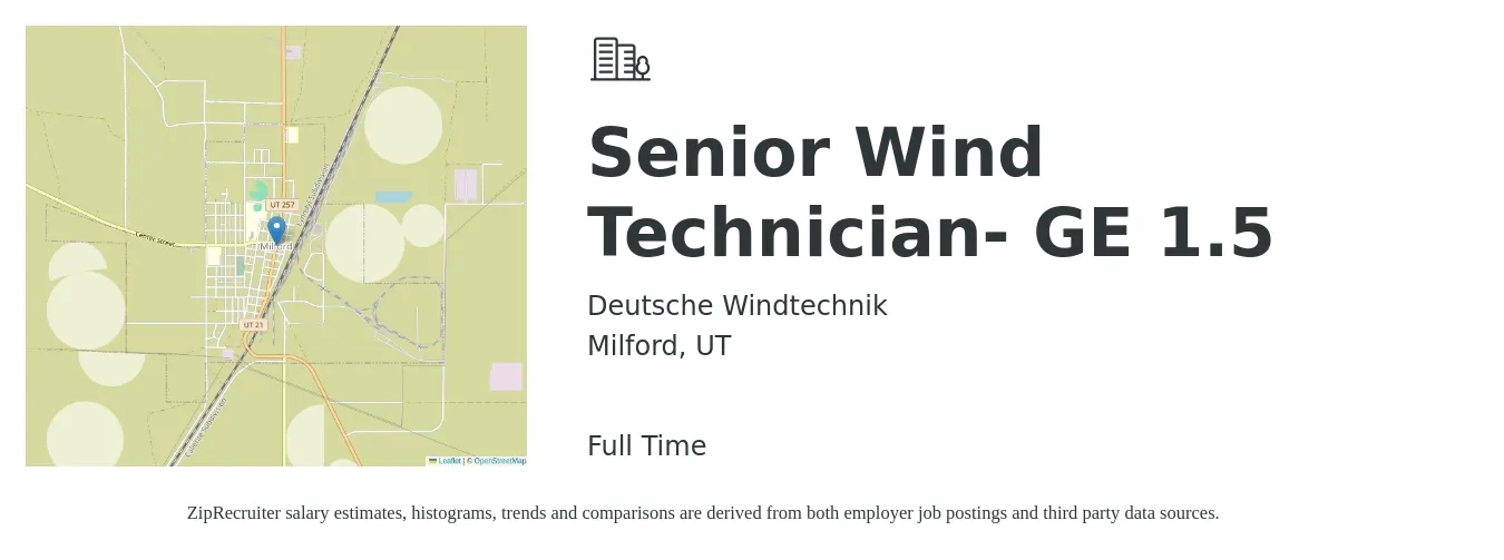 Deutsche Windtechnik job posting for a Senior Wind Technician- GE 1.5 in Milford, UT with a salary of $19 to $27 Hourly with a map of Milford location.