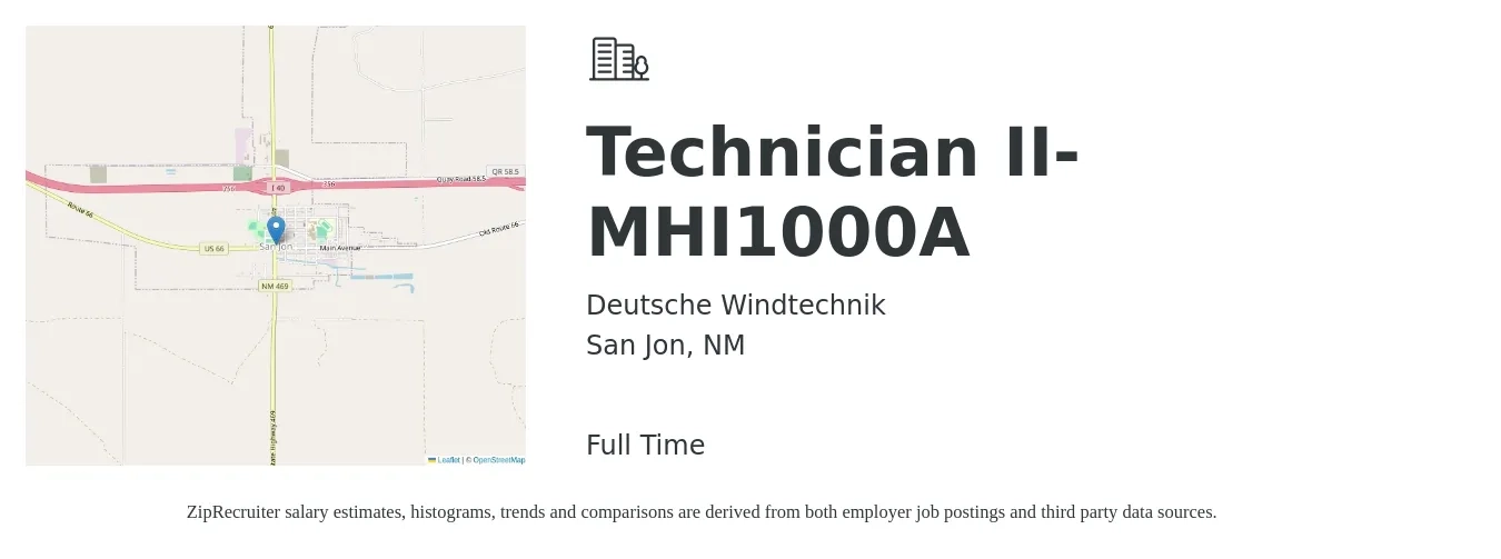 Deutsche Windtechnik job posting for a Technician II- MHI1000A in San Jon, NM with a salary of $17 to $24 Hourly with a map of San Jon location.