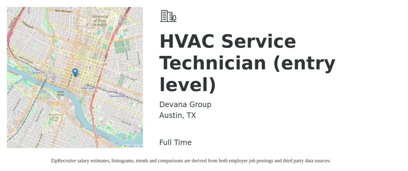 Devana Group job posting for a HVAC Service Technician (entry level) in Austin, TX with a salary of $25 to $35 Hourly with a map of Austin location.