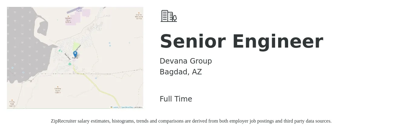 Devana Group job posting for a Senior Engineer in Bagdad, AZ with a salary of $102,400 to $140,600 Yearly with a map of Bagdad location.