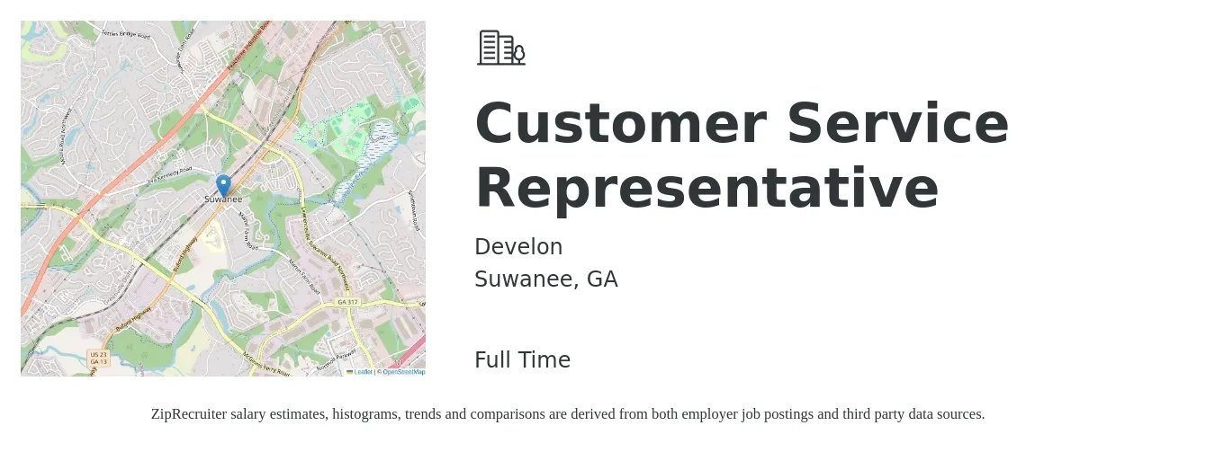 Develon job posting for a Customer Service Representative in Suwanee, GA with a salary of $15 to $20 Hourly with a map of Suwanee location.