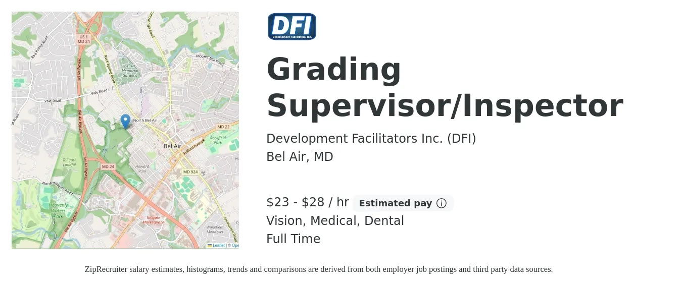 Development Facilitators Inc. (DFI) job posting for a Grading Supervisor/Inspector in Bel Air, MD with a salary of $24 to $30 Hourly and benefits including dental, life_insurance, medical, retirement, and vision with a map of Bel Air location.