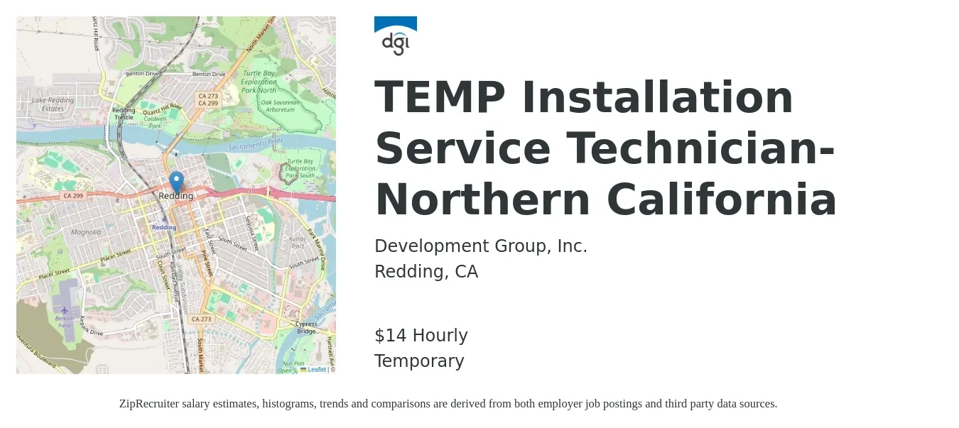 Development Group, Inc. job posting for a TEMP Installation Service Technician-Northern California in Redding, CA with a salary of $15 Hourly with a map of Redding location.