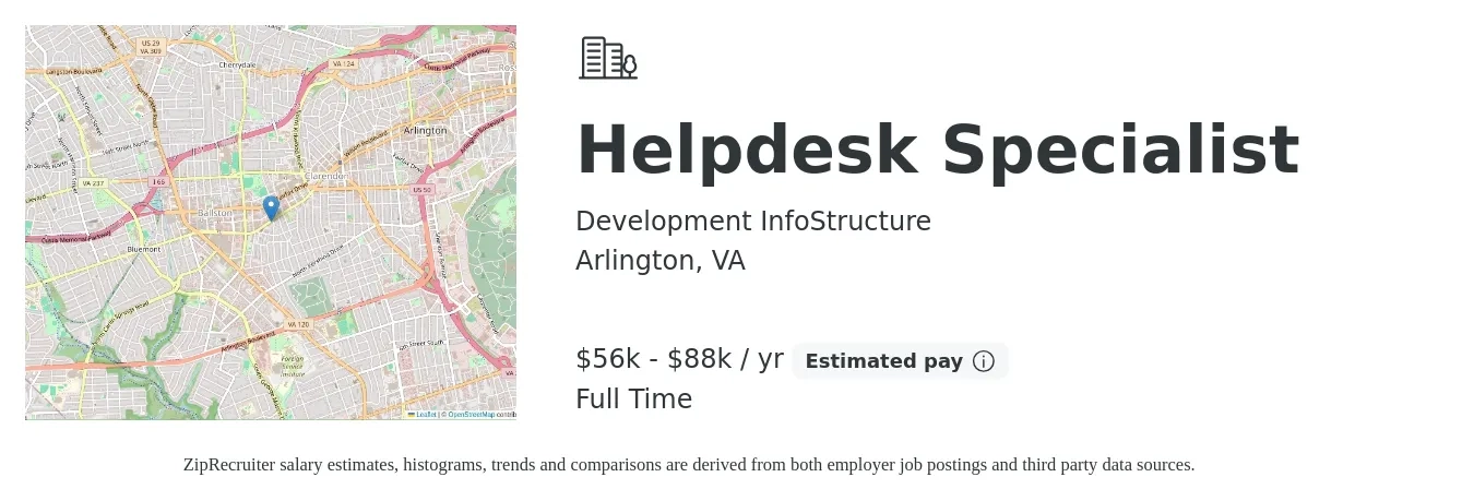 Development InfoStructure job posting for a Helpdesk Specialist in Arlington, VA with a salary of $56,000 to $88,000 Yearly with a map of Arlington location.