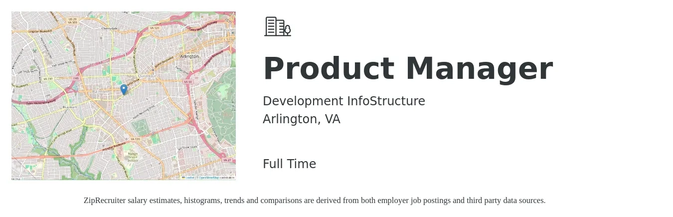 Development InfoStructure job posting for a Product Manager in Arlington, VA with a salary of $162,500 to $227,000 Yearly with a map of Arlington location.
