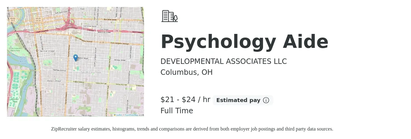 DEVELOPMENTAL ASSOCIATES LLC job posting for a Psychology Aide in Columbus, OH with a salary of $22 to $25 Hourly with a map of Columbus location.