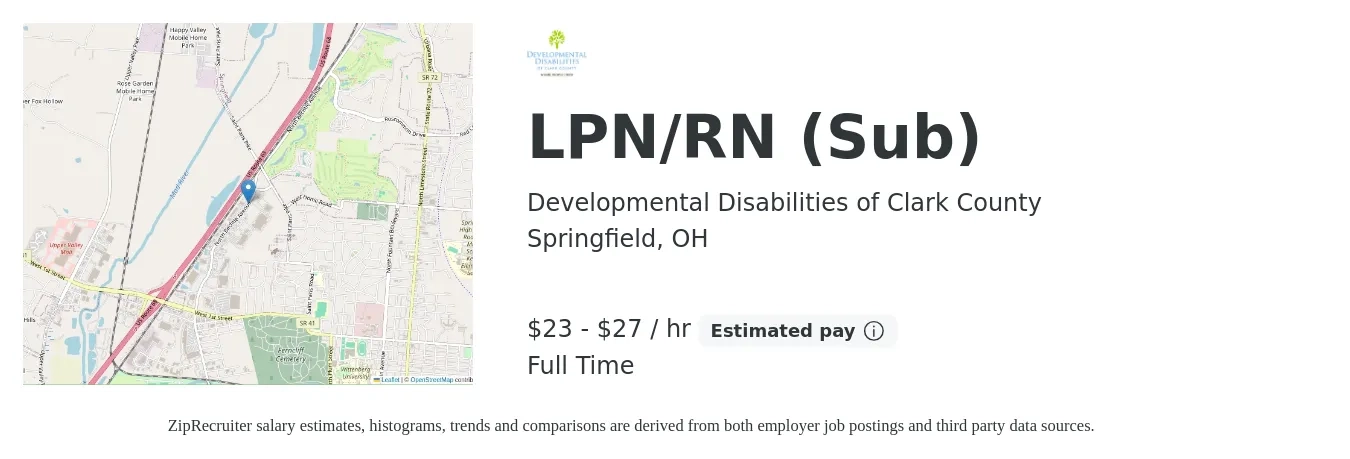 Developmental Disabilities of Clark County job posting for a LPN/RN (Sub) in Springfield, OH with a salary of $24 to $29 Hourly with a map of Springfield location.