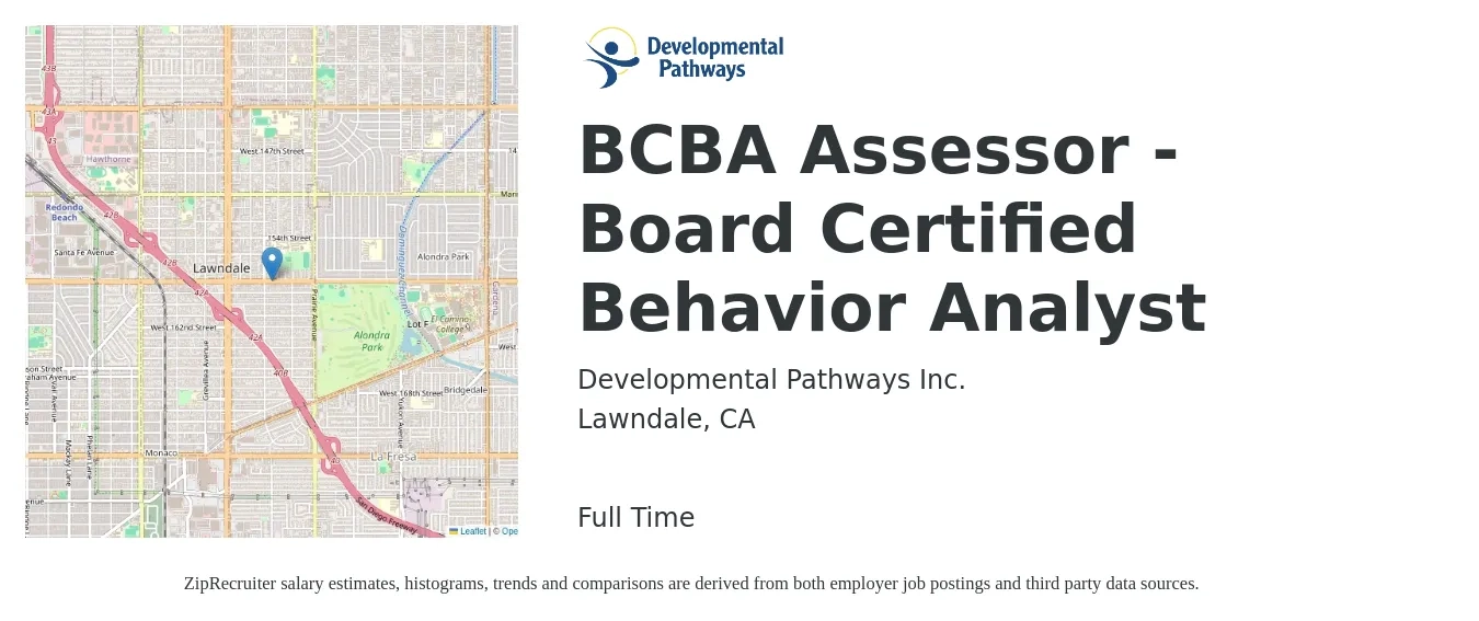 Developmental Pathways Inc. job posting for a BCBA Assessor - Board Certified Behavior Analyst in Lawndale, CA with a salary of $45 to $50 Hourly with a map of Lawndale location.