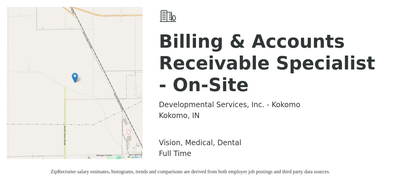 Developmental Services, Inc. - Kokomo job posting for a Billing & Accounts Receivable Specialist - On-Site in Kokomo, IN with a salary of $17 to $23 Hourly and benefits including medical, vision, dental, and life_insurance with a map of Kokomo location.