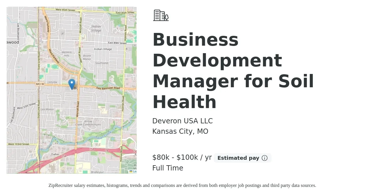 Deveron USA LLC job posting for a Business Development Manager for Soil Health in Kansas City, MO with a salary of $80,000 to $100,000 Yearly with a map of Kansas City location.