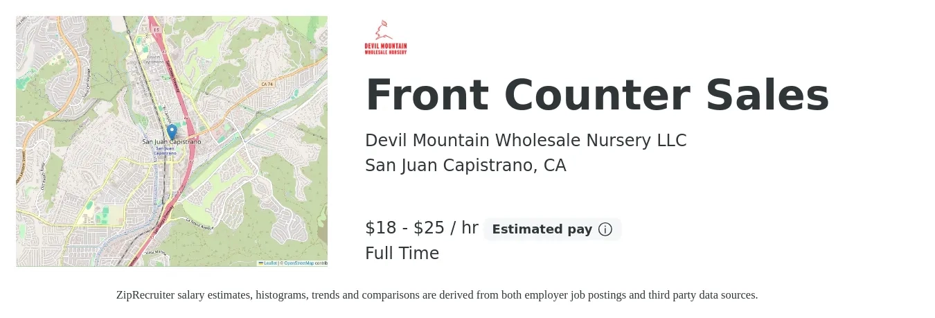 Devil Mountain Wholesale Nursery LLC job posting for a Front Counter Sales in San Juan Capistrano, CA with a salary of $19 to $27 Hourly with a map of San Juan Capistrano location.