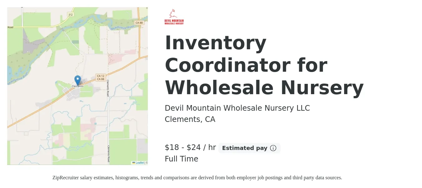 Devil Mountain Wholesale Nursery LLC job posting for a Inventory Coordinator for Wholesale Nursery in Clements, CA with a salary of $19 to $25 Hourly with a map of Clements location.