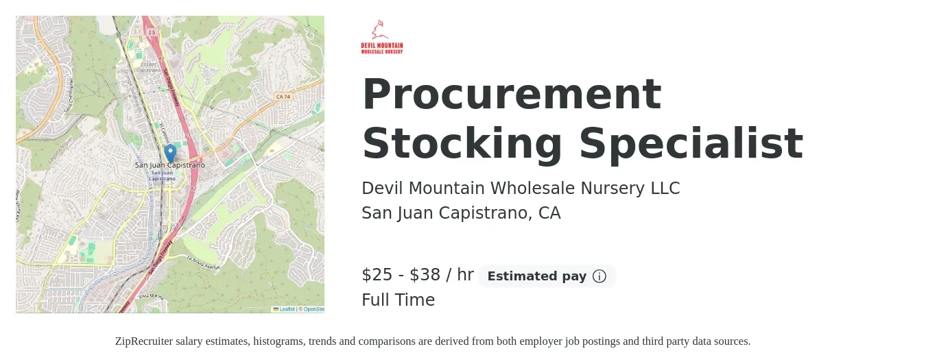 Devil Mountain Wholesale Nursery LLC job posting for a Procurement Stocking Specialist in San Juan Capistrano, CA with a salary of $26 to $40 Hourly with a map of San Juan Capistrano location.