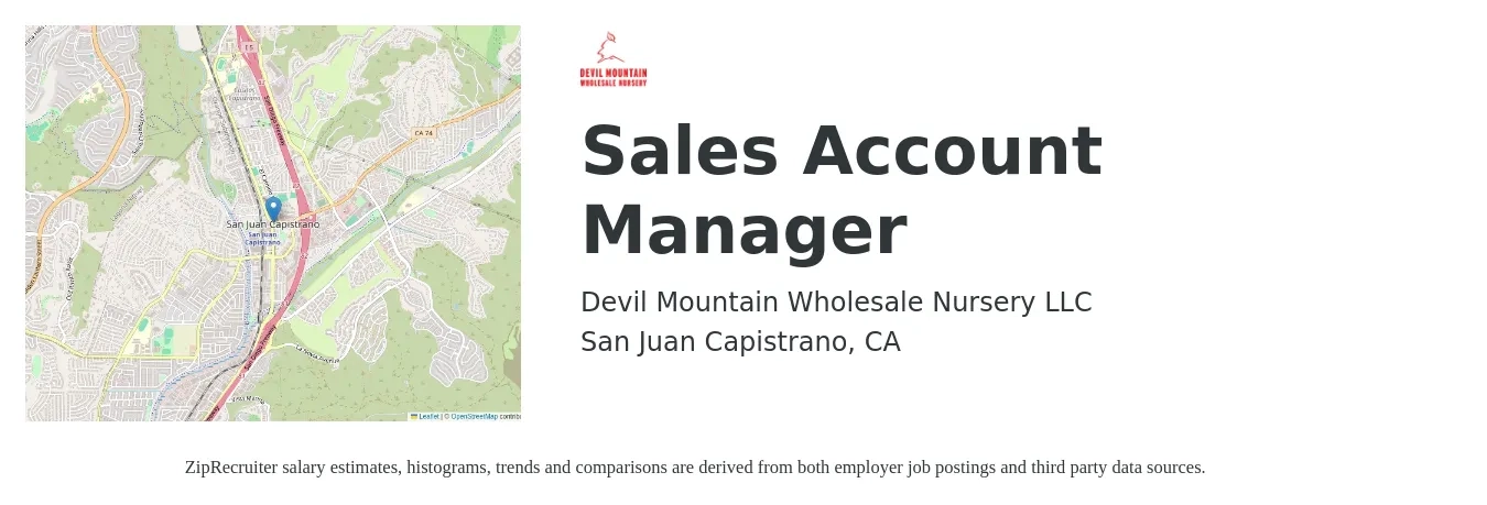 Devil Mountain Wholesale Nursery LLC job posting for a Sales Account Manager in San Juan Capistrano, CA with a salary of $25 to $42 Hourly with a map of San Juan Capistrano location.