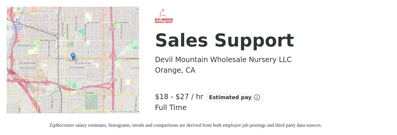 Devil Mountain Wholesale Nursery LLC job posting for a Sales Support in Orange, CA with a salary of $19 to $28 Hourly with a map of Orange location.