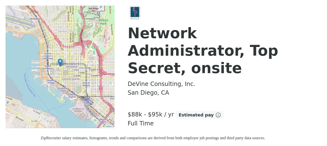 DeVine Consulting, Inc. job posting for a Network Administrator, Top Secret, onsite in San Diego, CA with a salary of $105,000 to $130,000 Yearly with a map of San Diego location.