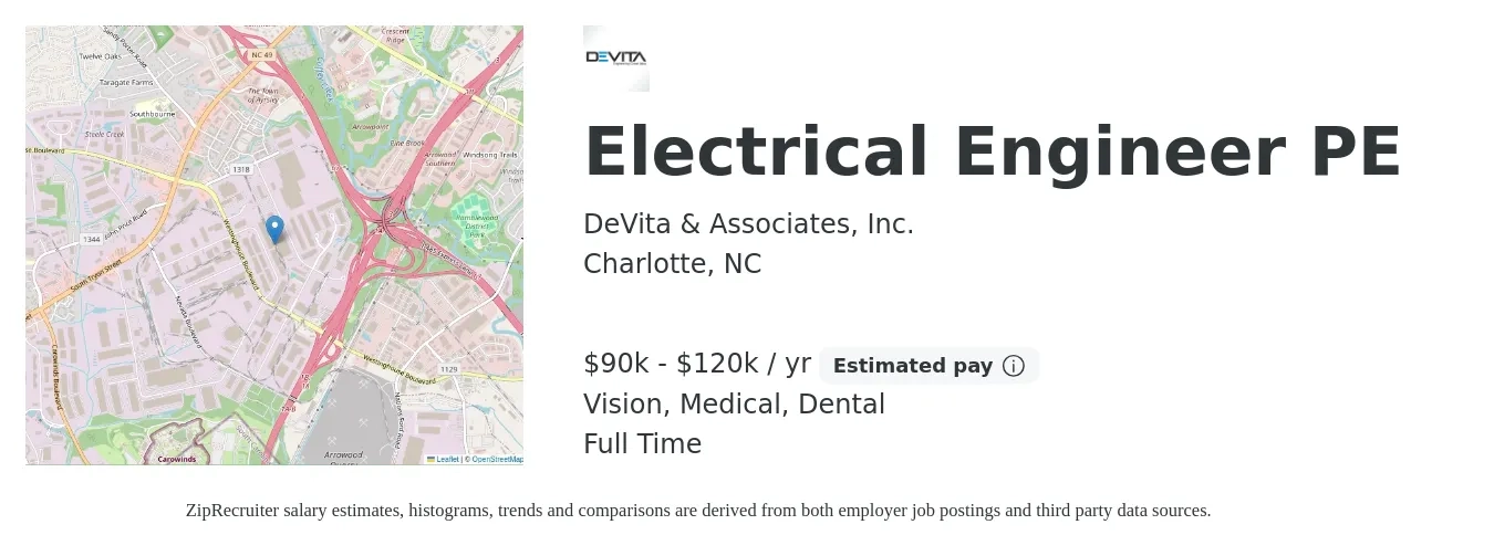 DeVita & Associates, Inc. job posting for a Electrical Engineer PE in Charlotte, NC with a salary of $90,000 to $120,000 Yearly and benefits including dental, life_insurance, medical, retirement, and vision with a map of Charlotte location.
