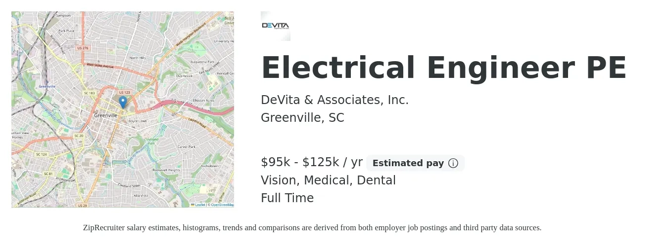 DeVita & Associates, Inc. job posting for a Electrical Engineer PE in Greenville, SC with a salary of $95,000 to $125,000 Yearly and benefits including retirement, vision, dental, life_insurance, and medical with a map of Greenville location.