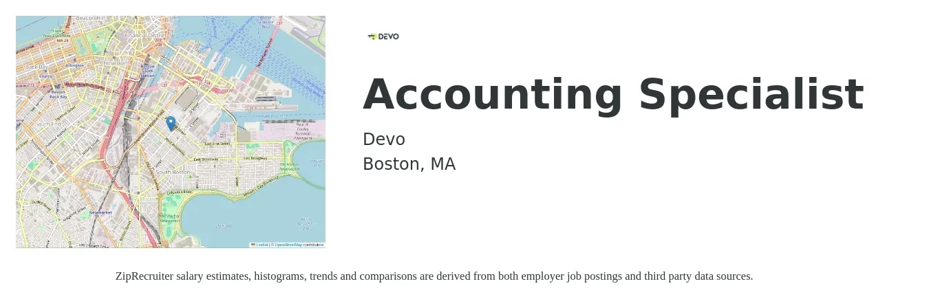 Devo job posting for a Accounting Specialist in Boston, MA with a salary of $23 to $31 Hourly with a map of Boston location.