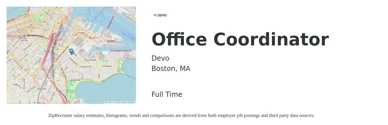 Devo job posting for a Office Coordinator in Boston, MA with a salary of $20 to $26 Hourly with a map of Boston location.