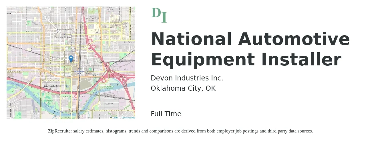 Devon Industries Inc. job posting for a National Automotive Equipment Installer in Oklahoma City, OK with a salary of $19 to $26 Hourly with a map of Oklahoma City location.