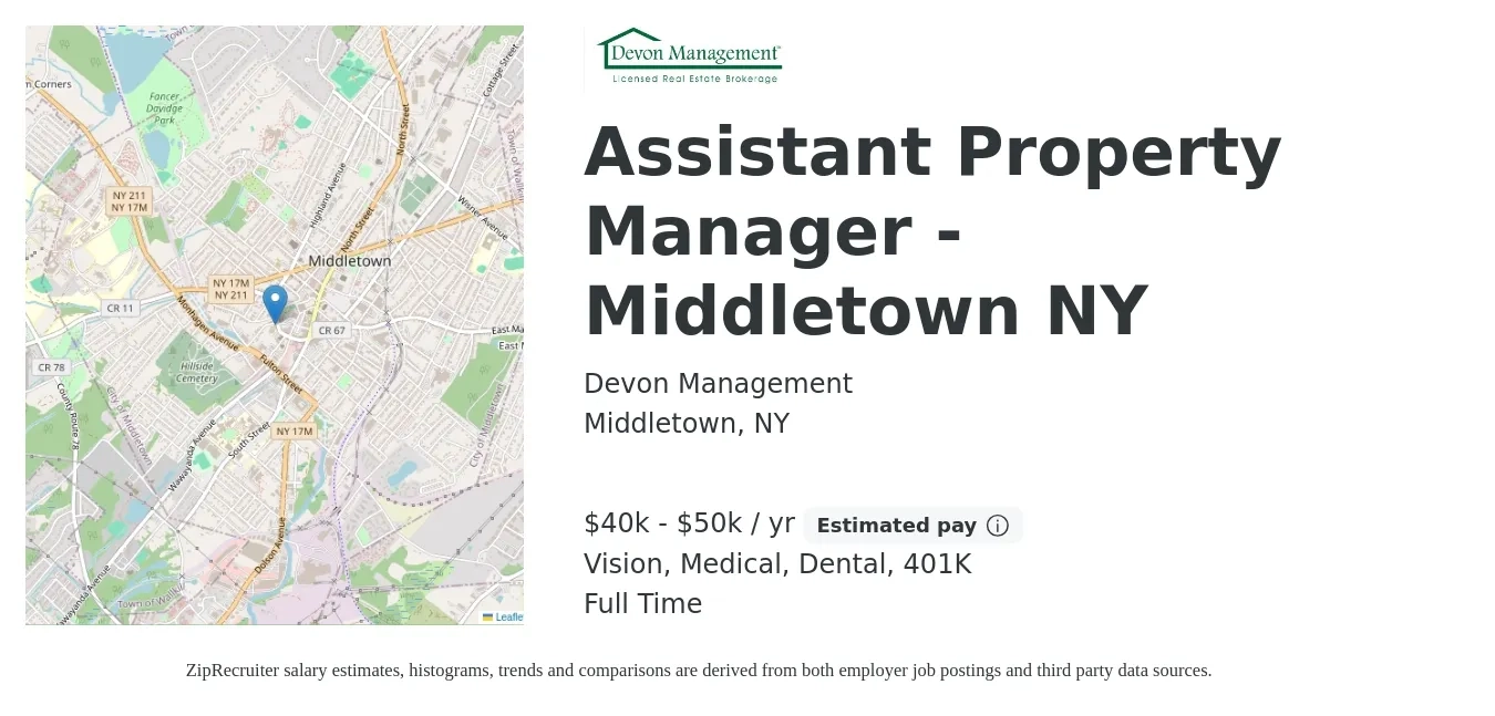 Devon Management job posting for a Assistant Property Manager - Middletown NY in Middletown, NY with a salary of $40,000 to $50,000 Yearly and benefits including medical, vision, 401k, and dental with a map of Middletown location.
