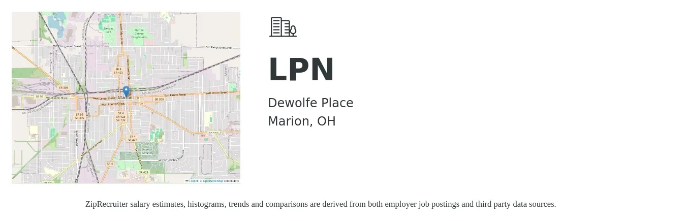 Dewolfe Place job posting for a LPN in Marion, OH with a salary of $18 to $30 Hourly with a map of Marion location.