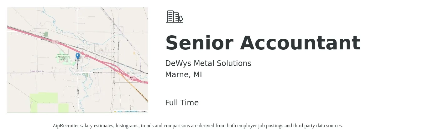 DeWys Metal Solutions job posting for a Senior Accountant in Marne, MI with a salary of $70,300 to $88,300 Yearly with a map of Marne location.