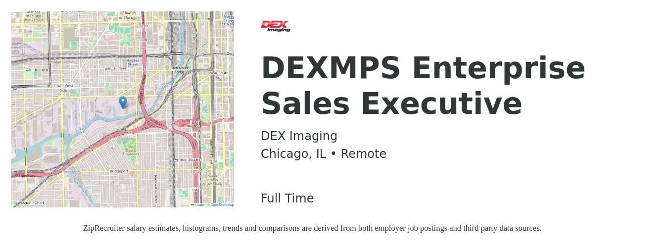 DEX Imaging job posting for a DEXMPS Enterprise Sales Executive in Chicago, IL with a salary of $102,000 to $176,700 Yearly with a map of Chicago location.