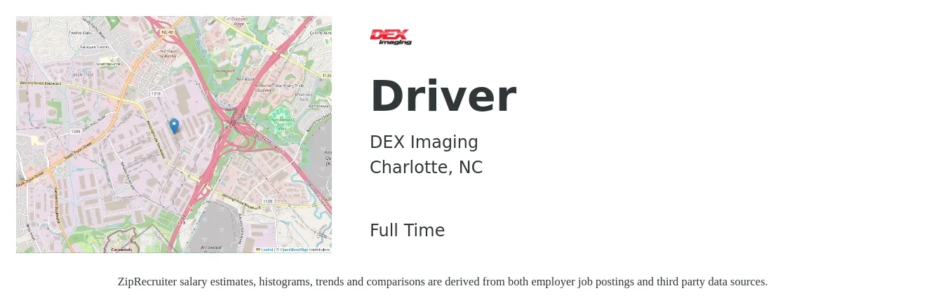 DEX Imaging job posting for a Driver in Charlotte, NC with a salary of $14 to $20 Hourly with a map of Charlotte location.