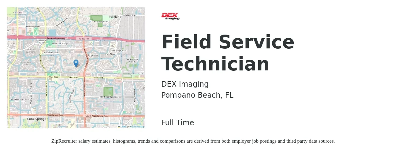 DEX Imaging job posting for a Field Service Technician in Pompano Beach, FL with a salary of $19 to $28 Hourly with a map of Pompano Beach location.