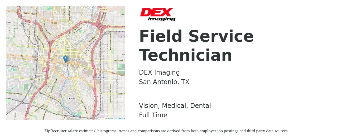 DEX Imaging job posting for a Field Service Technician in San Antonio, TX with a salary of $18 to $27 Hourly and benefits including retirement, vision, dental, life_insurance, and medical with a map of San Antonio location.