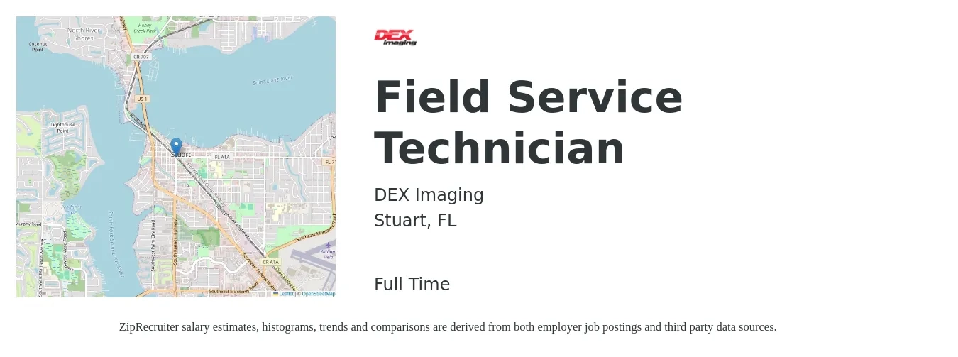 DEX Imaging job posting for a Field Service Technician in Stuart, FL with a salary of $18 to $26 Hourly with a map of Stuart location.