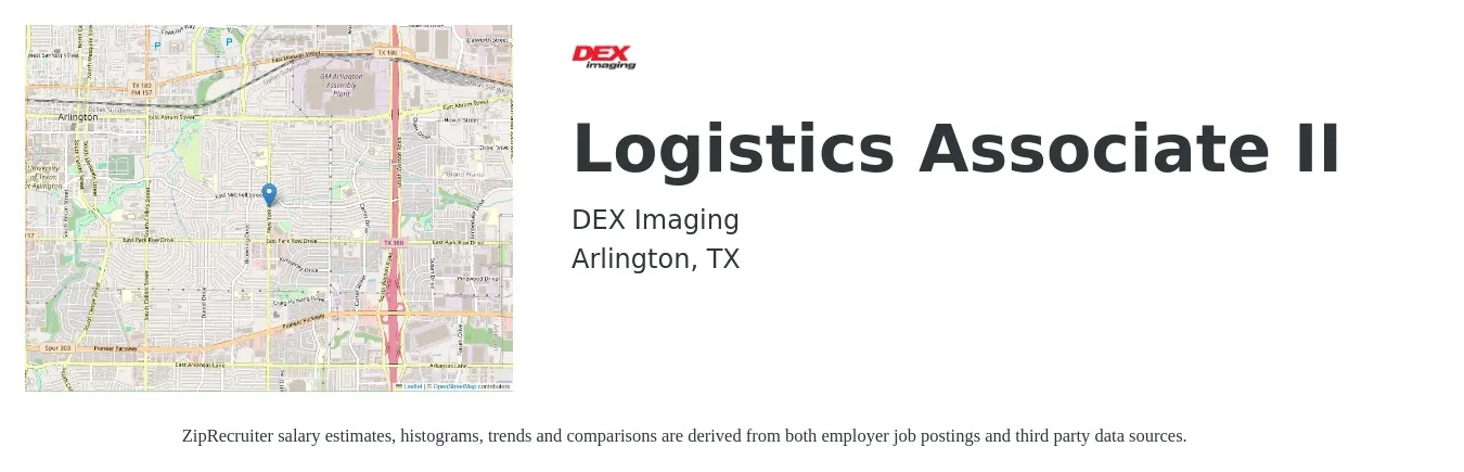 DEX Imaging job posting for a Logistics Associate II in Arlington, TX with a salary of $16 to $22 Hourly with a map of Arlington location.