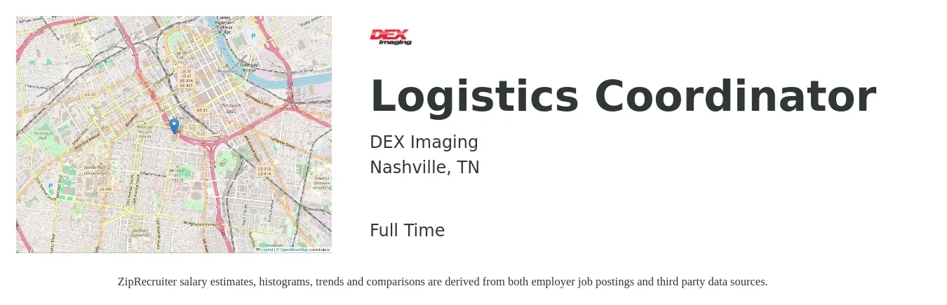 DEX Imaging job posting for a Logistics Coordinator in Nashville, TN with a salary of $19 to $25 Hourly with a map of Nashville location.