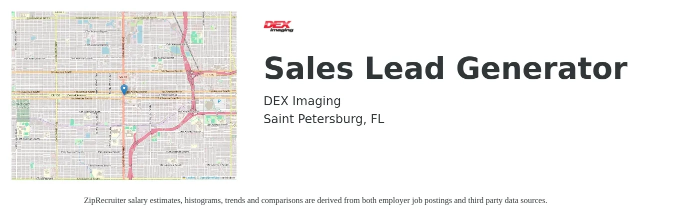 DEX Imaging job posting for a Sales Lead Generator in Saint Petersburg, FL with a salary of $15 to $24 Hourly with a map of Saint Petersburg location.