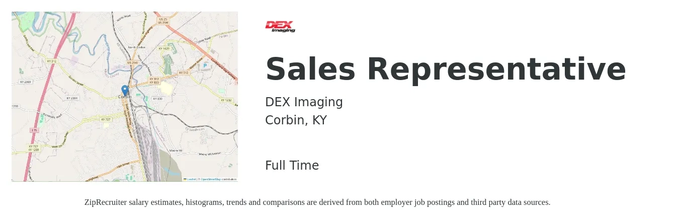 DEX Imaging job posting for a Sales Representative in Corbin, KY with a salary of $53,500 to $93,000 Yearly with a map of Corbin location.
