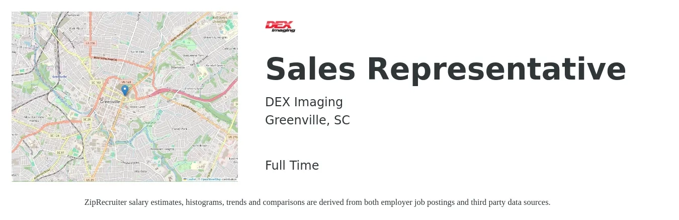 DEX Imaging job posting for a Sales Representative in Greenville, SC with a salary of $50,300 to $87,400 Yearly with a map of Greenville location.